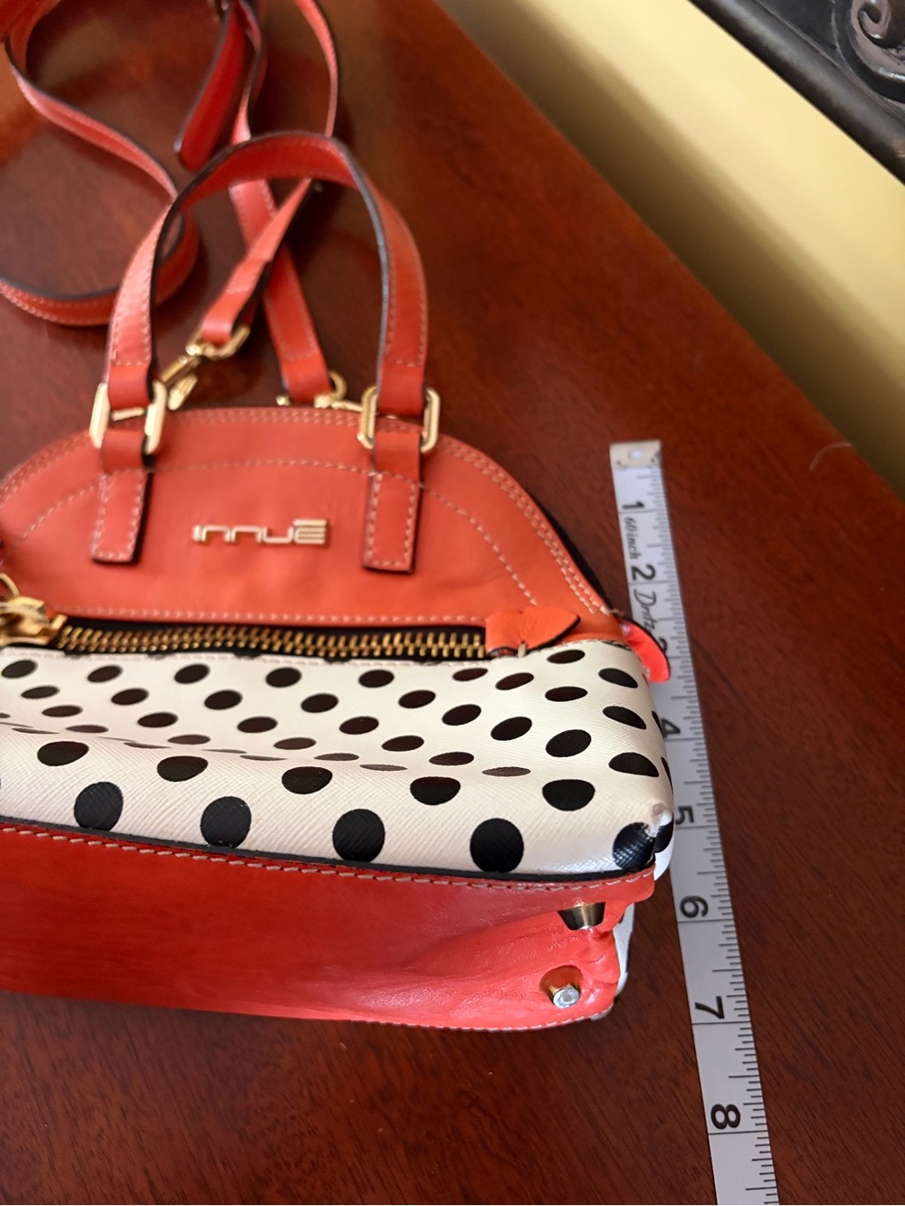 Innue Beautiful Italian Leather Coral Polka Dot Mini Crossbody Bag - Picture 6 of 6
